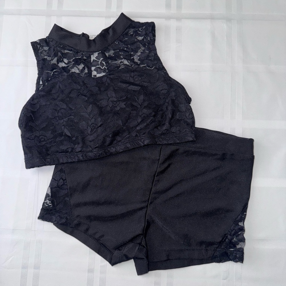 Black Lace Crop Top and Shorts Matching Dance Set